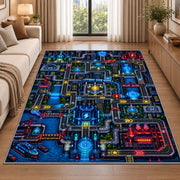 Futuristic sci-fi city circuit maze rug in a living room beside a sofa