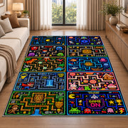 Multi-level arcade game board rug in a living room beside a sofa
