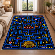 Arcade maze with boss and treasure goal rug in a living room beside a sofa