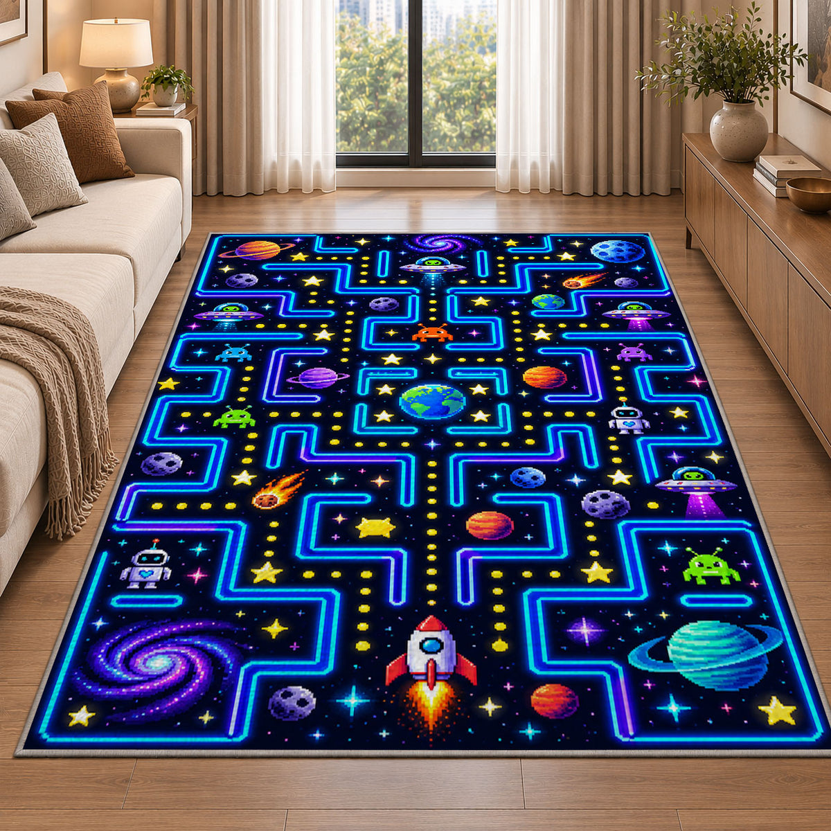 Outer space arcade maze rug in a living room beside a sofa