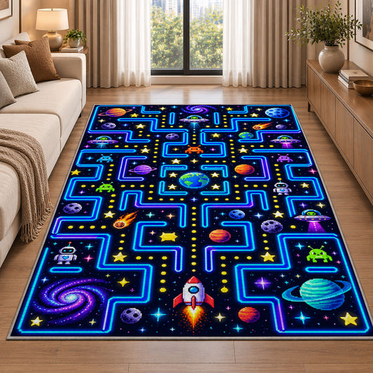 Outer space arcade maze rug in a living room beside a sofa