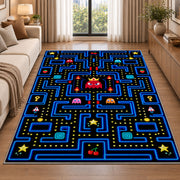Classic neon blue arcade maze rug in a living room beside a sofa