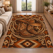 Cowboy hat and boots rug in a bright living room with a sofa
