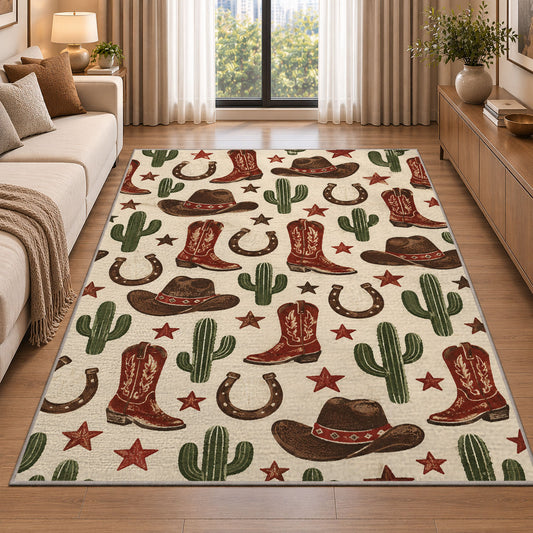 Western icons pattern rug in a bright living room with a sofa