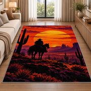 Cowboy sunset rider rug in a bright living room with a sofa