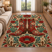 Embroidered red boots rug in a bright living room with a sofa