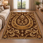 Tooled leather horseshoe rug in a bright living room with a sofa