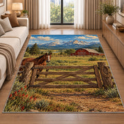 Ranch gate and barn rug in a bright living room with a sofa