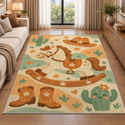 Little cowboy nursery rug in a bright living room with a sofa