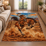 Rodeo bronc rider rug in a bright living room with a sofa