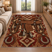Tooled saddle rug in a bright living room with a sofa