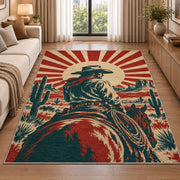 Vintage cowboy poster rug in a bright living room with a sofa