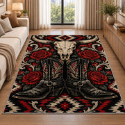 Western gothic boots rug in a bright living room with a sofa