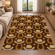 Hats and horseshoes rug in a bright living room with a sofa