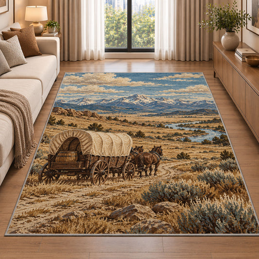 Covered wagon prairie rug in a bright living room with a sofa