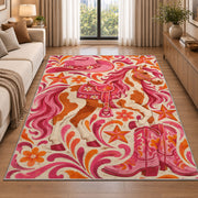 Pink cowgirl rug in a bright living room with a sofa