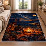 Cowboy campfire rug in a bright living room with a sofa
