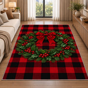 Buffalo Plaid Christmas Wreath rug in a bright living room with a sofa