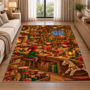 Santa's Workshop Elves rug in a bright living room with a sofa