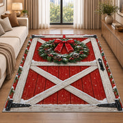 Red Barn Door Christmas Wreath rug in a bright living room with a sofa
