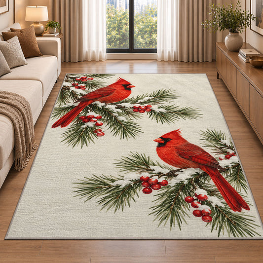 Winter Cardinals on Pine rug in a bright living room with a sofa