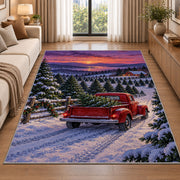 Christmas Tree Farm Red Truck rug in a bright living room with a sofa