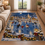 Village Ice Skating Night rug in a bright living room with a sofa