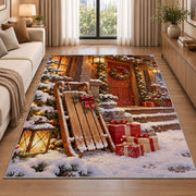 Wooden Sled Snowy Porch rug in a bright living room with a sofa