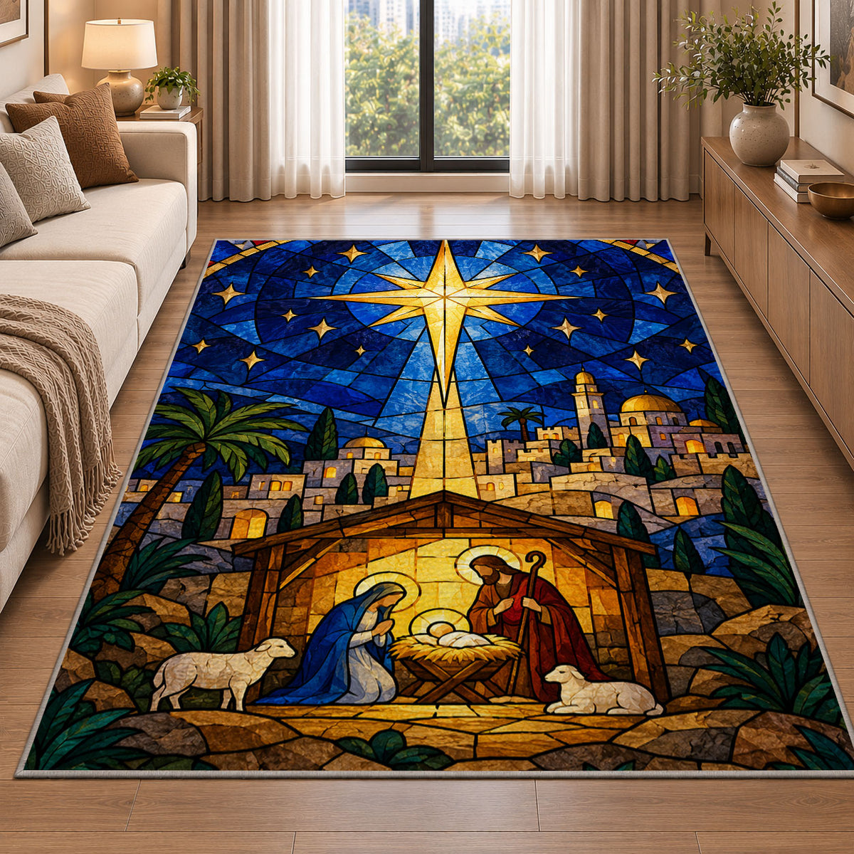 Bethlehem Star Stained Glass rug in a bright living room with a sofa