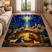 Bethlehem Star Stained Glass rug in a bright living room with a sofa