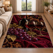 red wine and grapes rug in a bright living room with a sofa