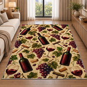wine pattern rug in a bright living room with a sofa