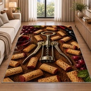 corkscrew and wine corks rug in a bright living room with a sofa