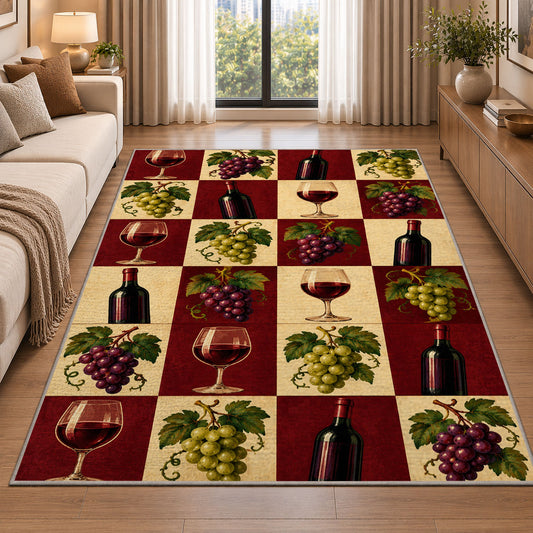 checkered wine rug in a bright living room with a sofa