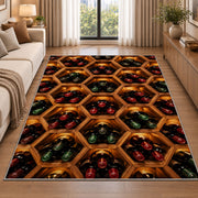 honeycomb wine rack rug in a bright living room with a sofa