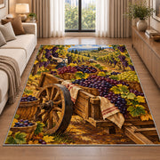 grape harvest rug in a bright living room with a sofa