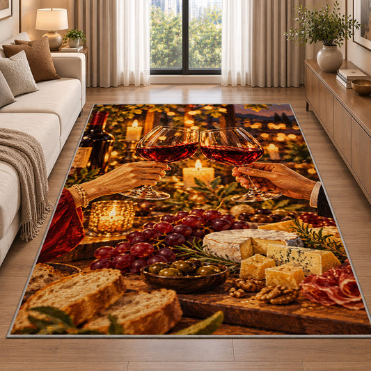 wine toast candlelight rug in a bright living room with a sofa