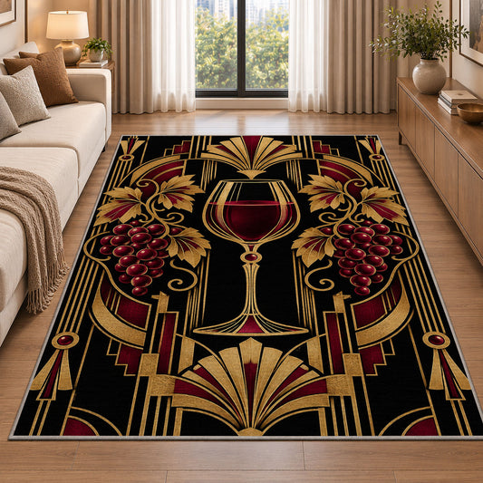 art deco wine glass rug in a bright living room with a sofa