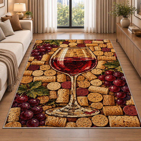 wine cork mosaic rug in a bright living room with a sofa