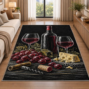dark slate wine still life rug in a bright living room with a sofa