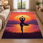tree pose yoga sunset rug in a bright living room with a sofa