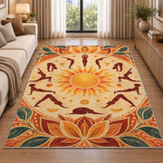 sun salutation yoga rug in a bright living room with a sofa