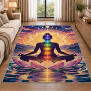 chakra meditation rug in a bright living room with a sofa