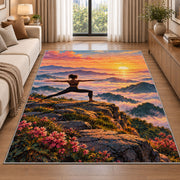 warrior pose mountain rug in a bright living room with a sofa