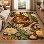 singing bowl meditation rug in a bright living room with a sofa