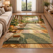 yoga studio rug in a bright living room with a sofa