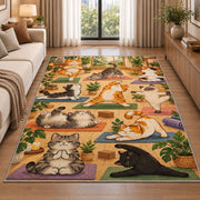 cats doing yoga rug in a bright living room with a sofa
