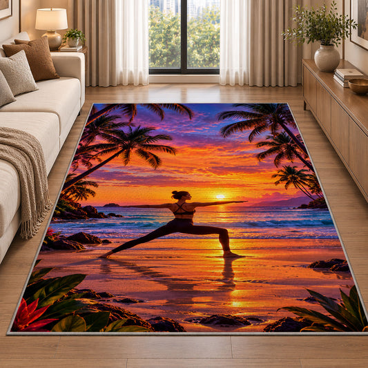 beach yoga sunset rug in a bright living room with a sofa