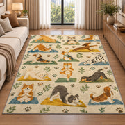 dogs doing yoga rug in a bright living room with a sofa