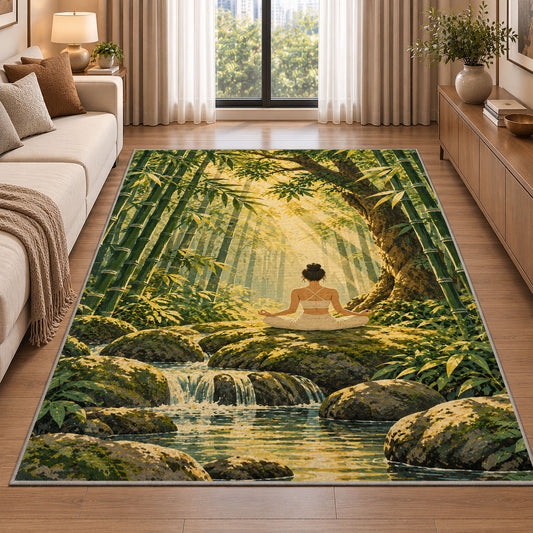 bamboo forest meditation rug in a bright living room with a sofa